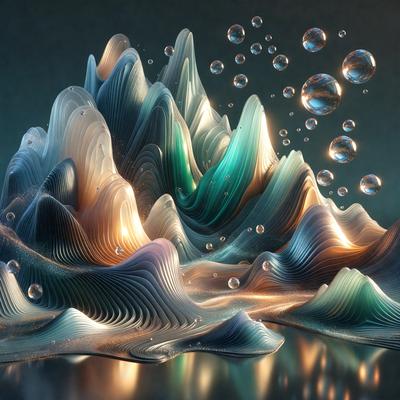 The primary subject of the image is a mountain made of glass, with a blue and green color scheme. The mountain is surrounded by bubbles, giving it a unique and visually appealing appearance. The setting is a dark background, which contrasts with the vibrant colors of the glass mountain. The visual style of the image is a combination of digital art and illustration, creating a stunning and imaginative scene. The overall atmosphere of the image is one of beauty and creativity, with the glass mountain and bubbles evoking a sense of wonder and exploration.